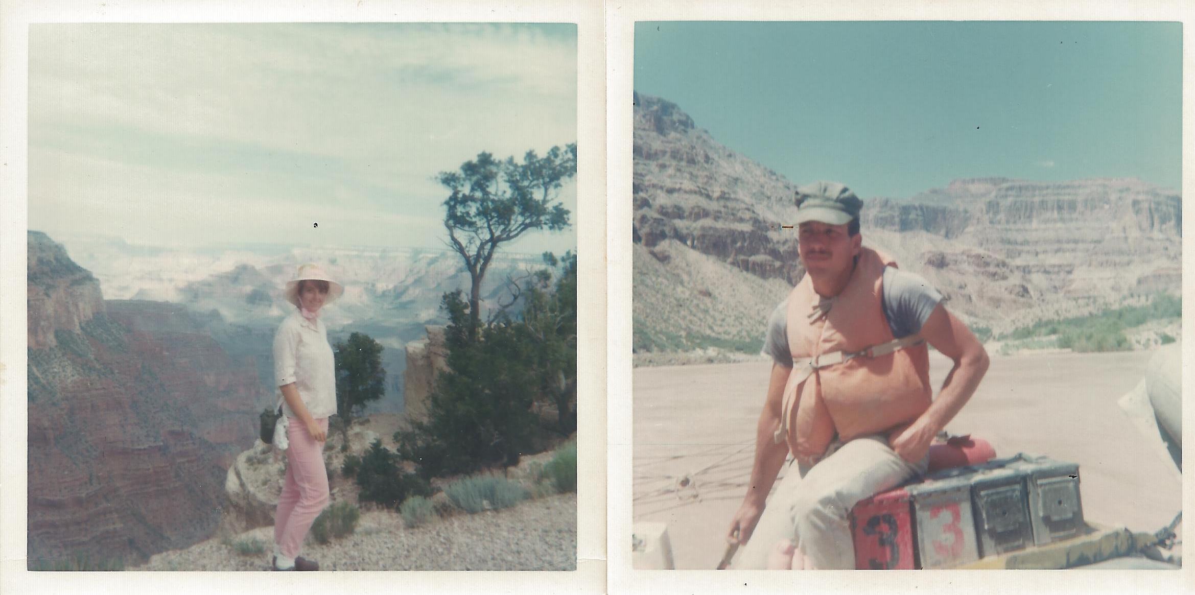 Vicki Woodruff hiking down the Kaibab Trail to join the river trip Aug. 10, 1968. Dave Mackay running the boat in the Grand Canyon Aug. 13, 1968.