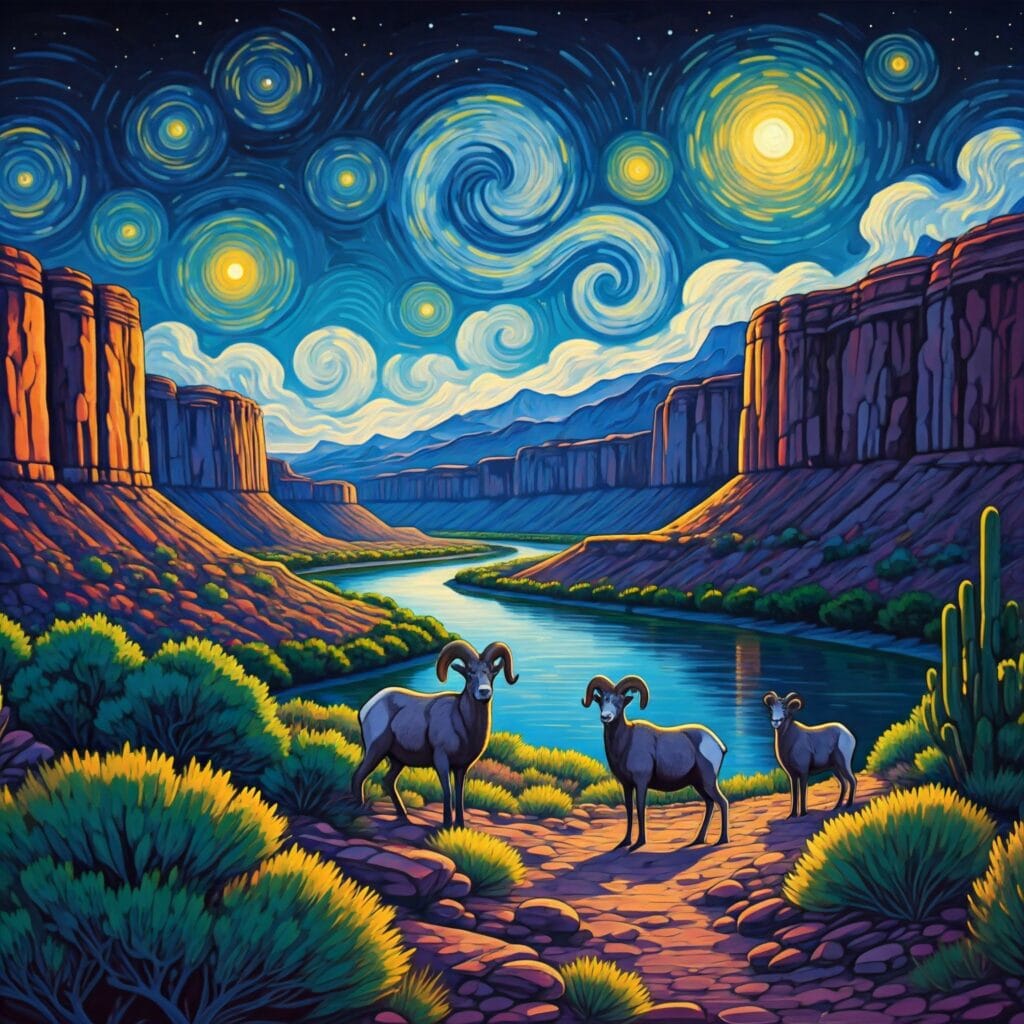 a Night sky painting with swirling stars and desert bighorn sheep. it describes a holiday poem about Colorado River & Trail Expeditions